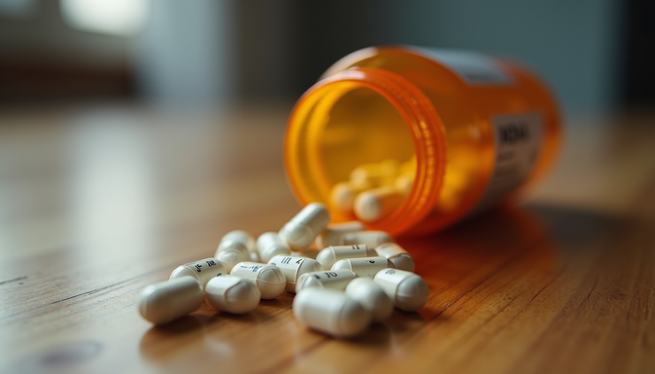 Eye-level view of a prescription bottle labeled MDMA capsules on a wooden table