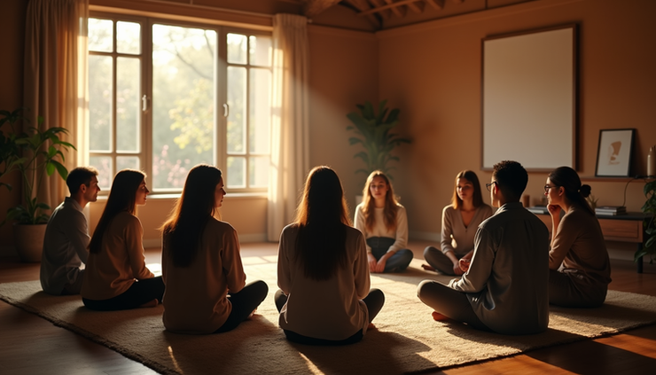 Eye-level view of a cozy living room with a small group of people sitting in a circle, engaged in conversation