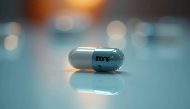 Close-up view of a single MDMA capsule on a reflective surface