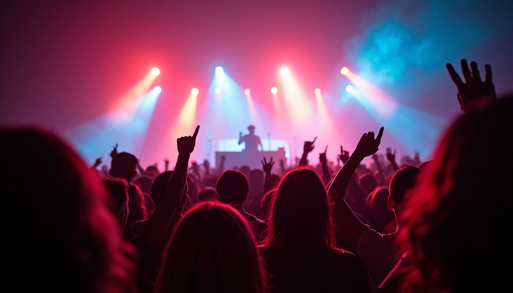 Eye-level view of a festival crowd with colorful lights and a DJ booth in the background