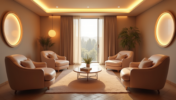 High angle view of a modern therapy room prepared for psychedelic-assisted treatment