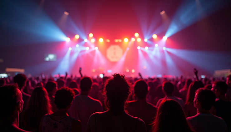 Eye-level view of a festival crowd with colorful lights and stage in the background