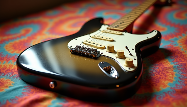 Eye-level view of a vintage electric guitar resting on a psychedelic-patterned cloth