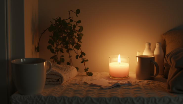Close-up view of a dimly lit room with calming objects and soft lighting