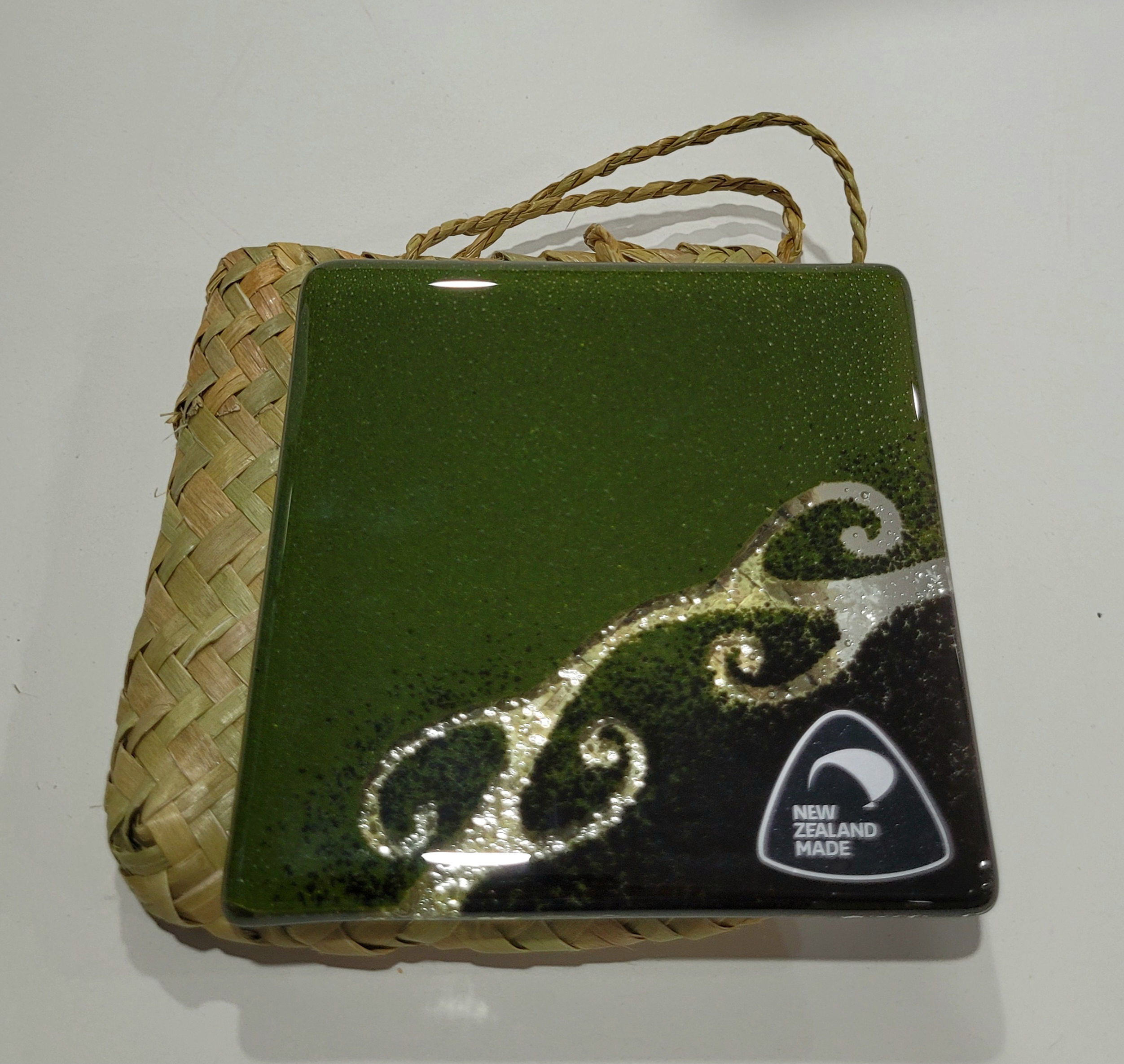 Green/Black Kowhaiwhai Glass Coaster in Flax Bag