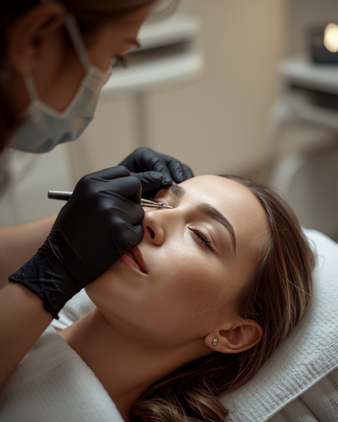 PMU artist performing microblading at Skulpted by Kan, West Delhi