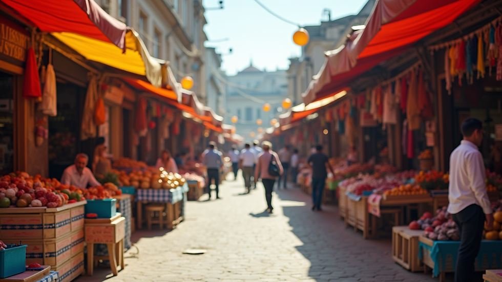 Eye-level view of a vibrant outdoor market filled with colorful stalls