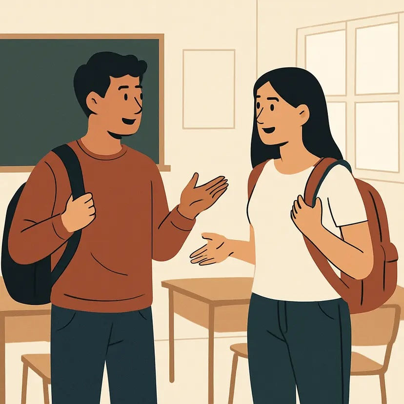 Classmates talking about their summer break.