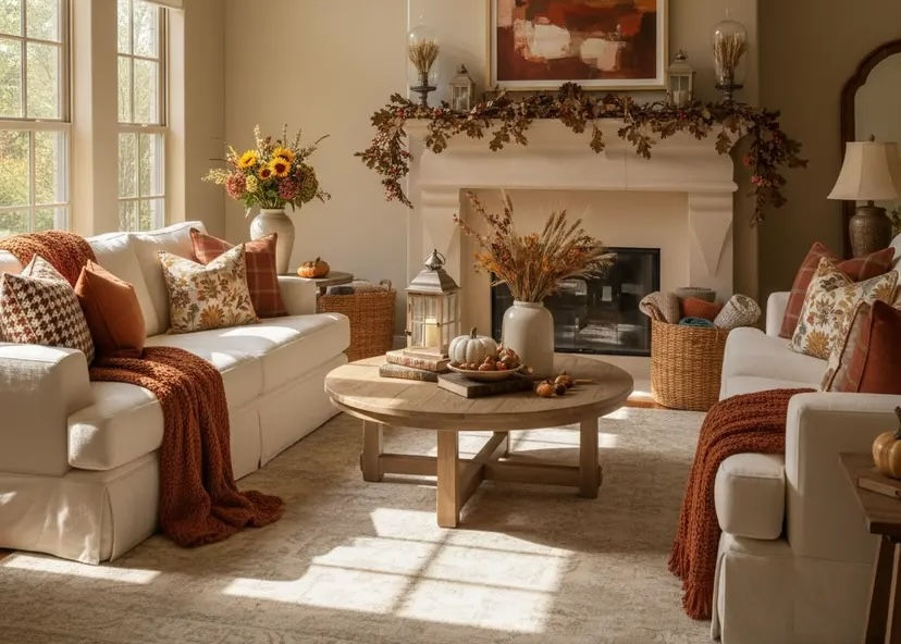 Living room decorated for Thanksgiving