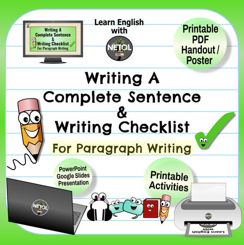 Writing A Complete Sentence & Writing Checklist For Paragraph Writing ...