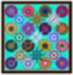 Colorful geometric art with wheel patterns on turquoise