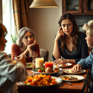 family at a dining table having a meal together with different emotional expressions