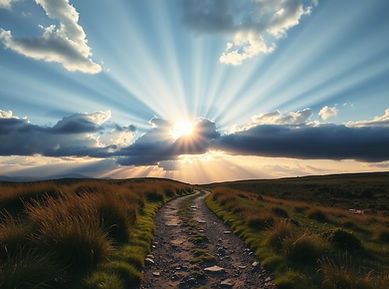 image of a walking path with with different trails with sun rays breaking through dark clo
