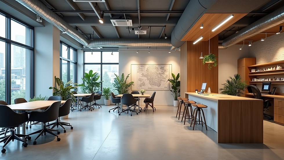 Wide angle view of a modern workspace with innovative design elements