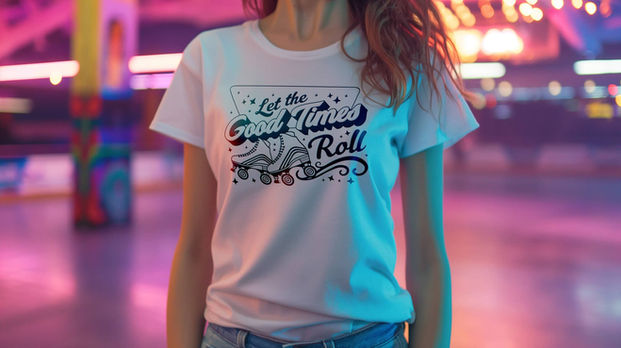 Woman wearing 'Let the Good Times Roll' T-shirt