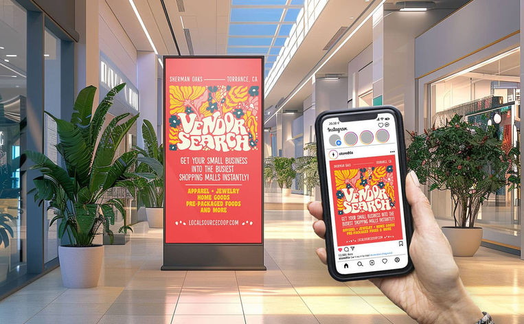 Vendor Search event poster displayed in mall and on phone social media design