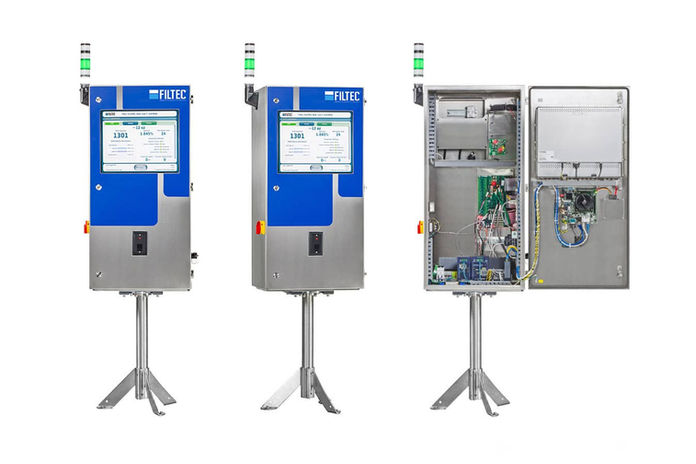 Product photo of 3 life-size bottle inspection machines on white backgroud