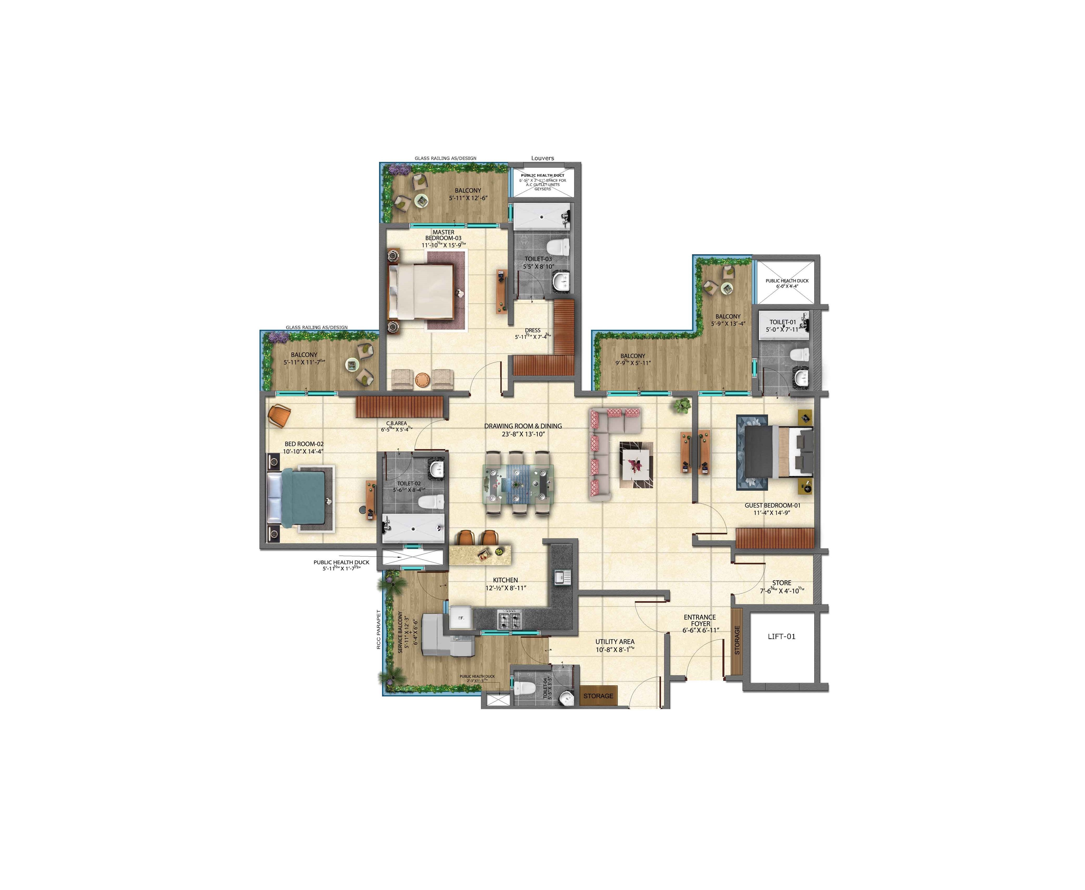 3+1 BHK Floor Plan