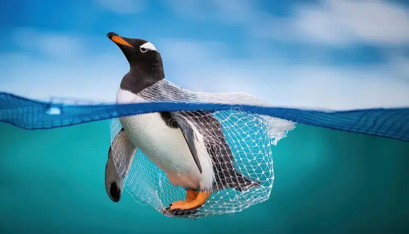 marine-pollution-plight-trapped-penguin-plastic-net-stark-contrast-natures-beauty-human-ug
