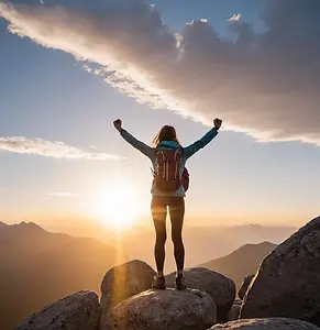 Woman standing on mountain top victoriously