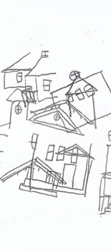 gravure d'éléments graphiques de maisons destructurée
