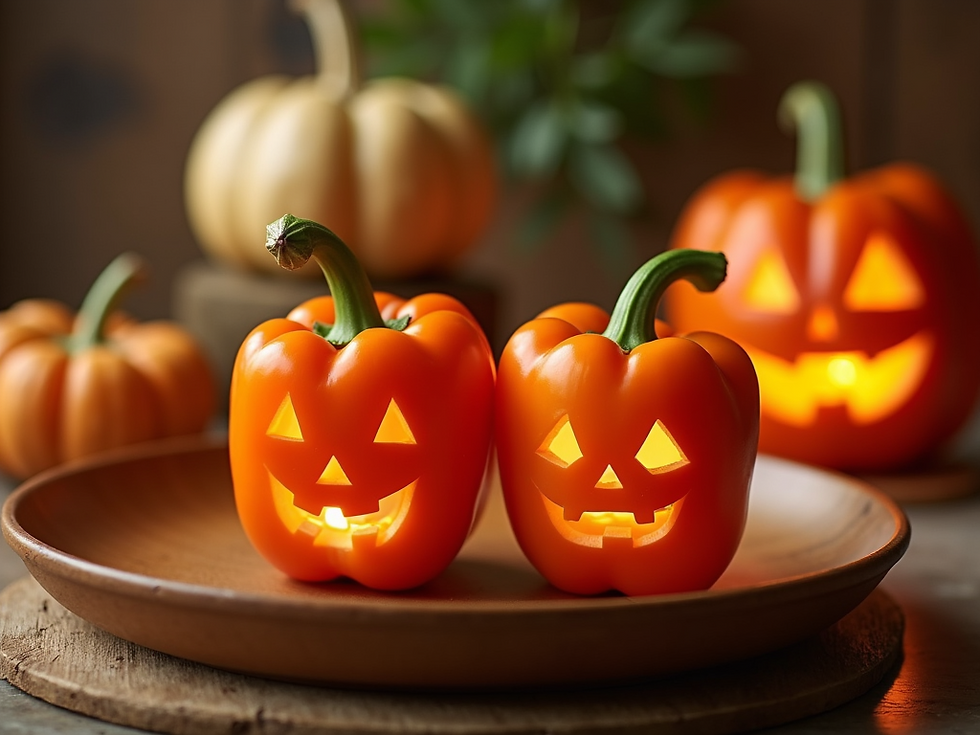 Orange bell peppers carved as jack-o'-lanterns, glowing on a wooden plate. More peppers and a plant in the blurred background. Halloween mood.