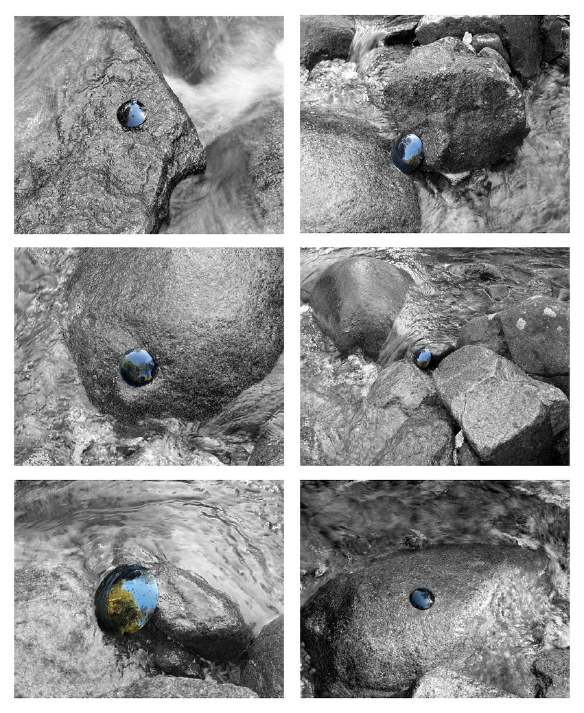 Untitled #1 - #6Â consists of 6 inkjet prints, 88cm wide x 68cm hight, each depicting a small convex black mirror placed on rocks in a river. The photographs are black and white except for the image in the small mirror, which reflects the landscape around the river and is in full colour.Â