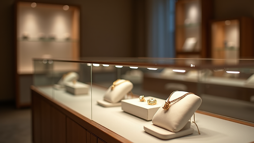 Close-up view of a jewelry showcase with adjustable LED spotlights