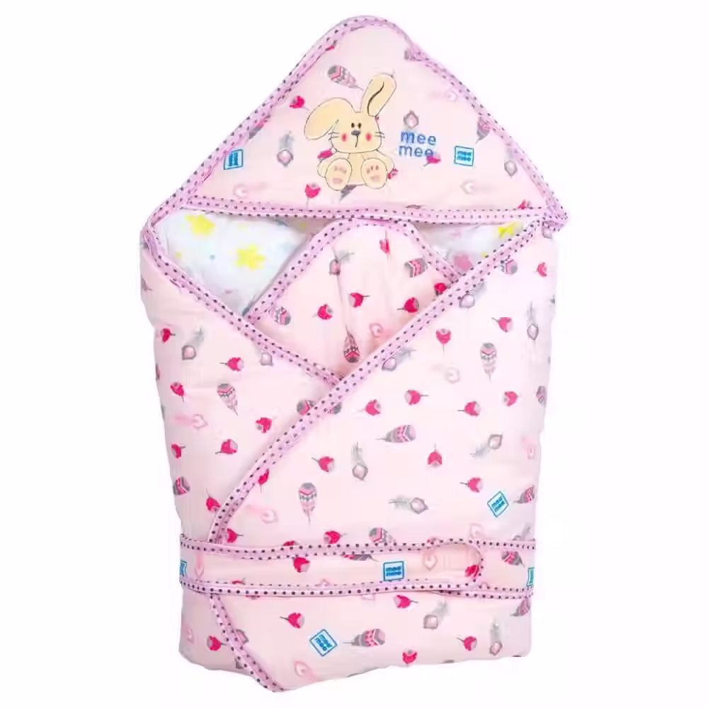 Mee Mee Baby Warm And Soft Swaddle Wrapperwith Hood Blanket(Pink-Bunny Print)