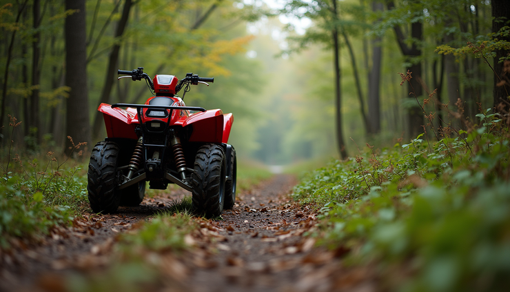 Eye-level view of a red ATV parked on a forest trail in Pennsylvania