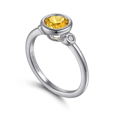 Thumbnail: 925 Sterling Silver Citrine and Diamond Ring W/Bezel Set