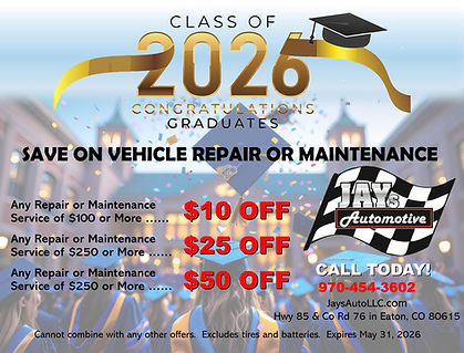 May tiered savings at Jay's Automotive in Eaton CO