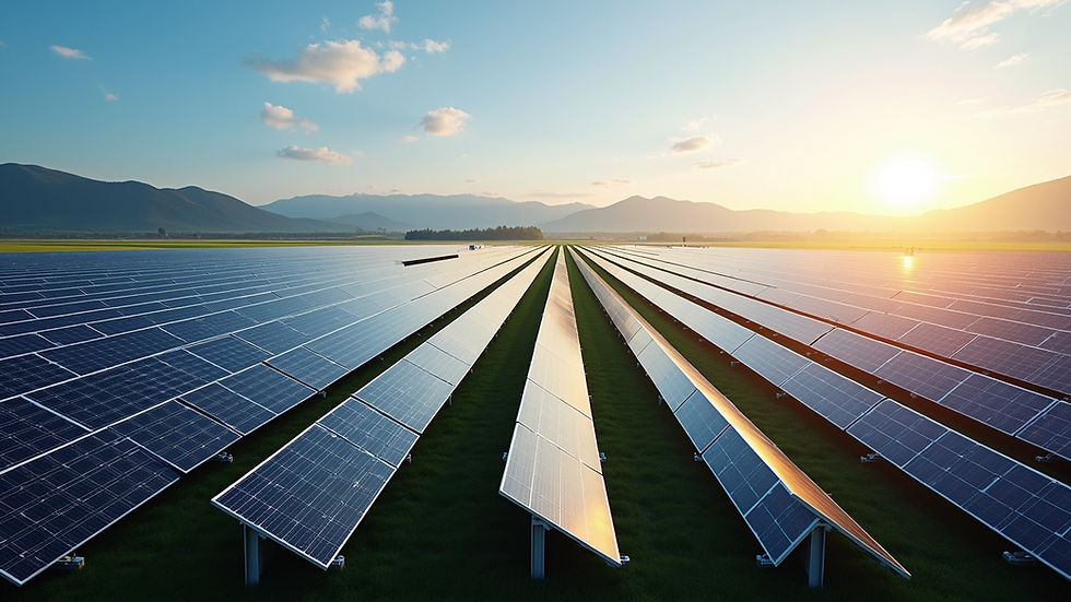 High angle view of a solar farm with rows of solar panels