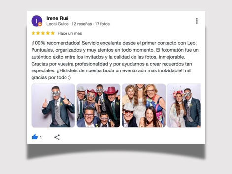 Google review screenshot from Irene Rué praising organization, punctuality and photo quality.