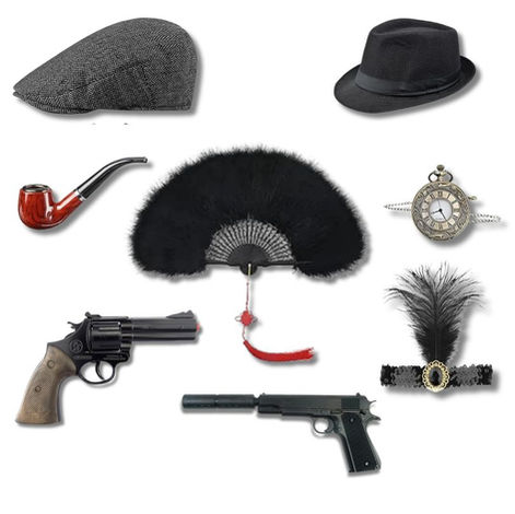 Mafia props set — fedoras, fan, pipe, toy guns and badge
