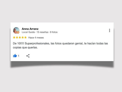 Google review screenshot from Anna Arranz praising professional service and great photos.