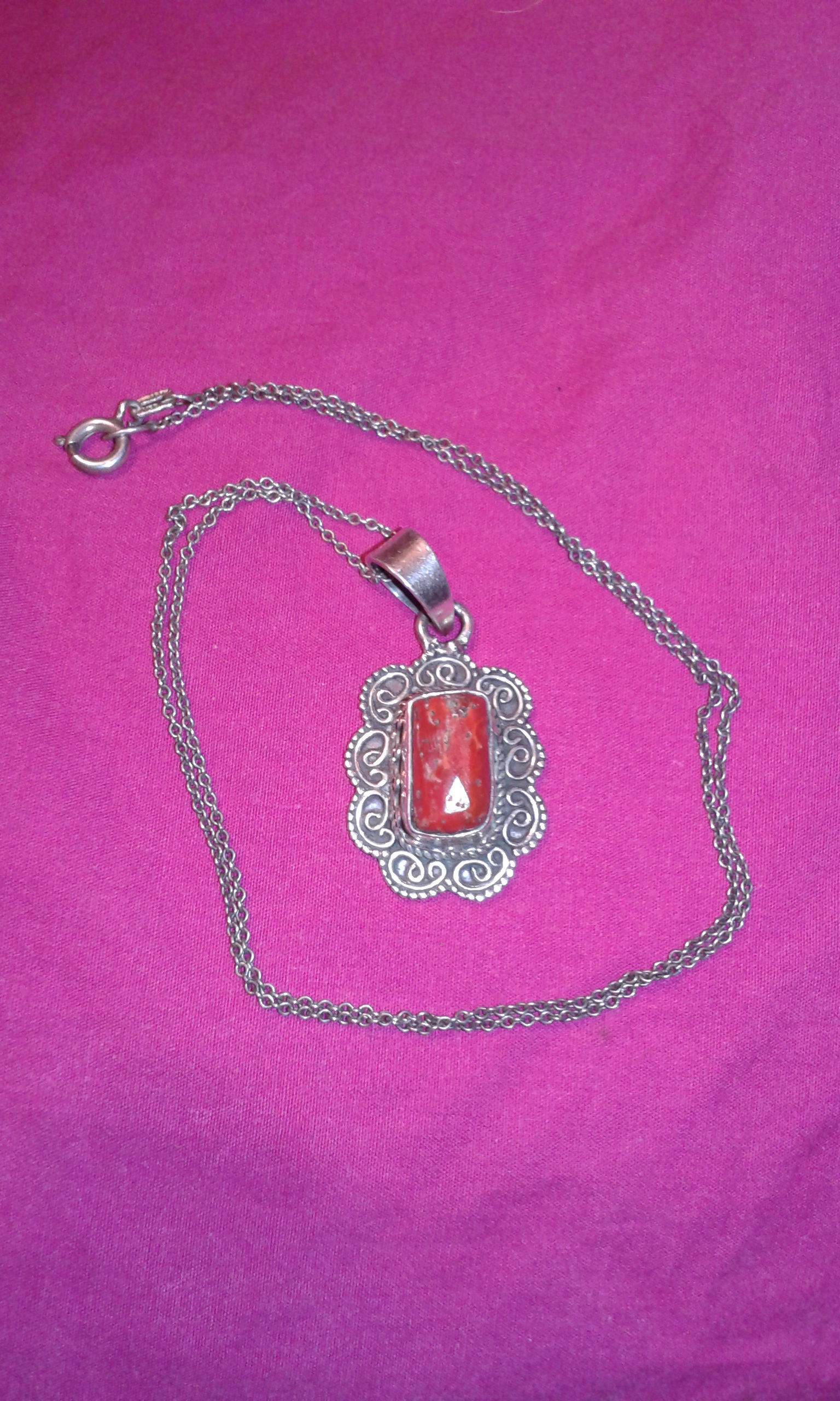 Solid sterling silver red orange coral Indian cabochon organic gemstone pendant