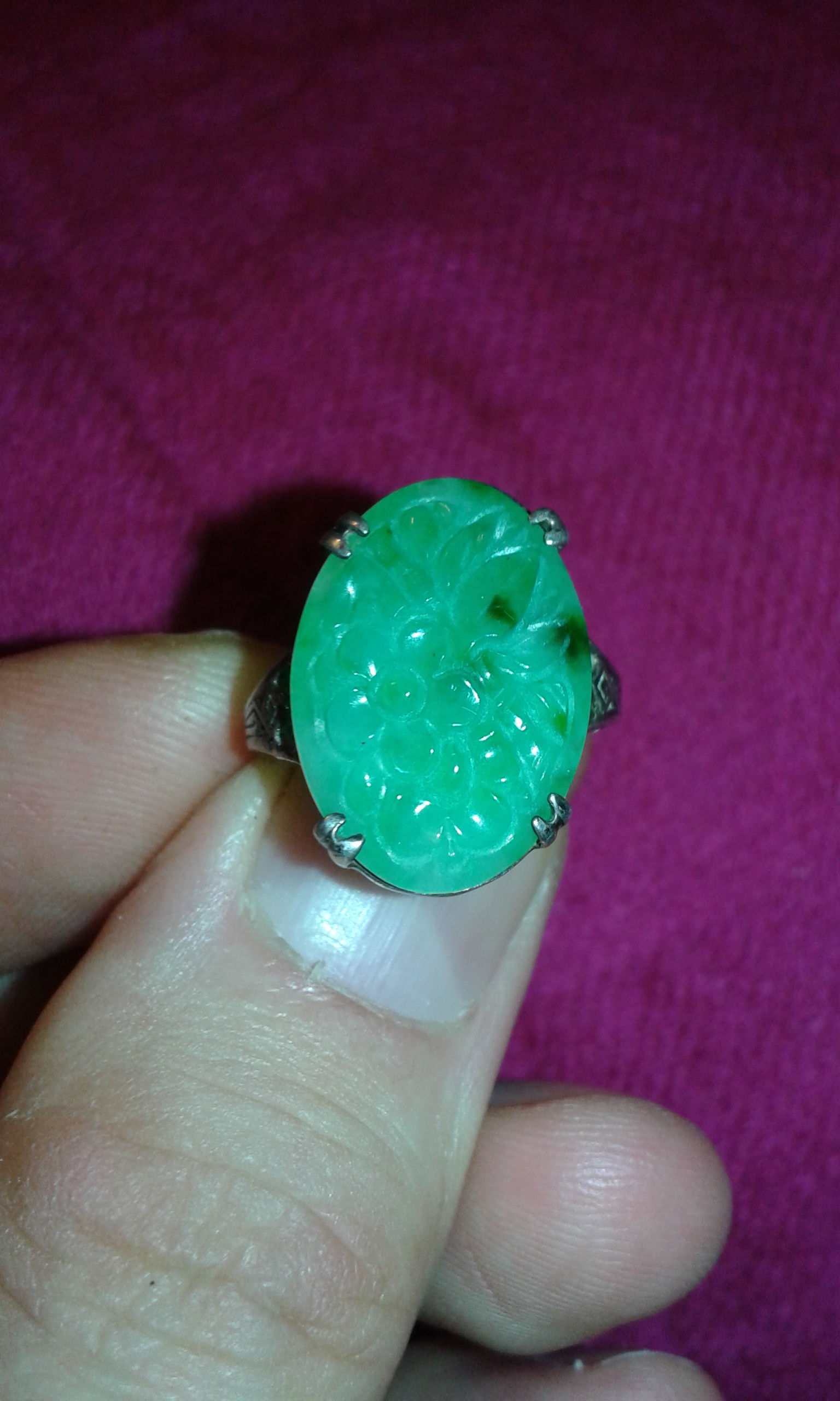 Antique imperial and apple Jadeite flowers untreated Jade and sterling silver