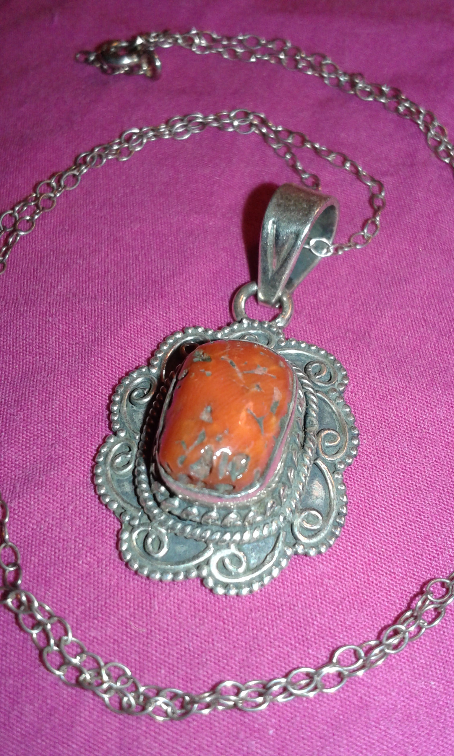 Solid sterling silver red orange coral Indian cabochon organic gemstone pendant