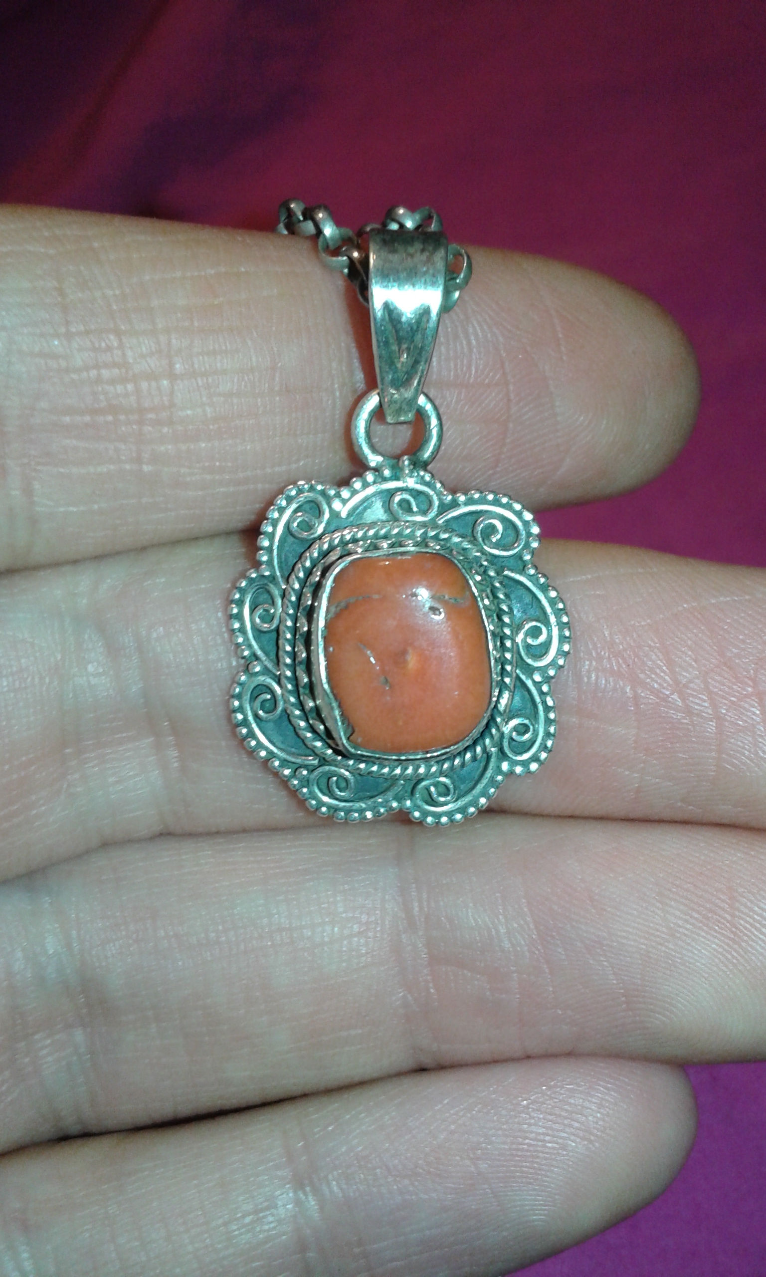Solid sterling silver red orange coral Indian cabochon organic gemstone pendant