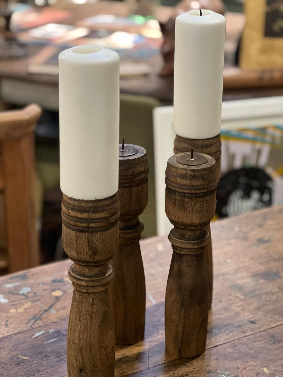 Thumbnail: Pair of Turned Oak Pillar Candle Holders