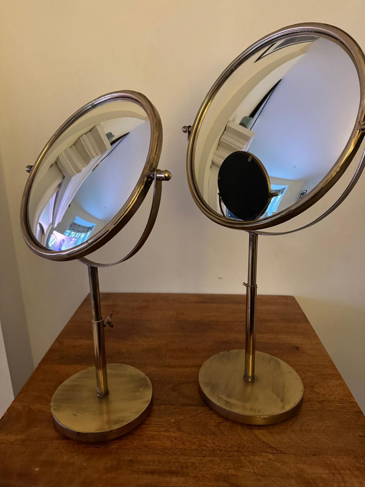 Pair of Brass-Framed Convex Mirrors on Adjustable Stems