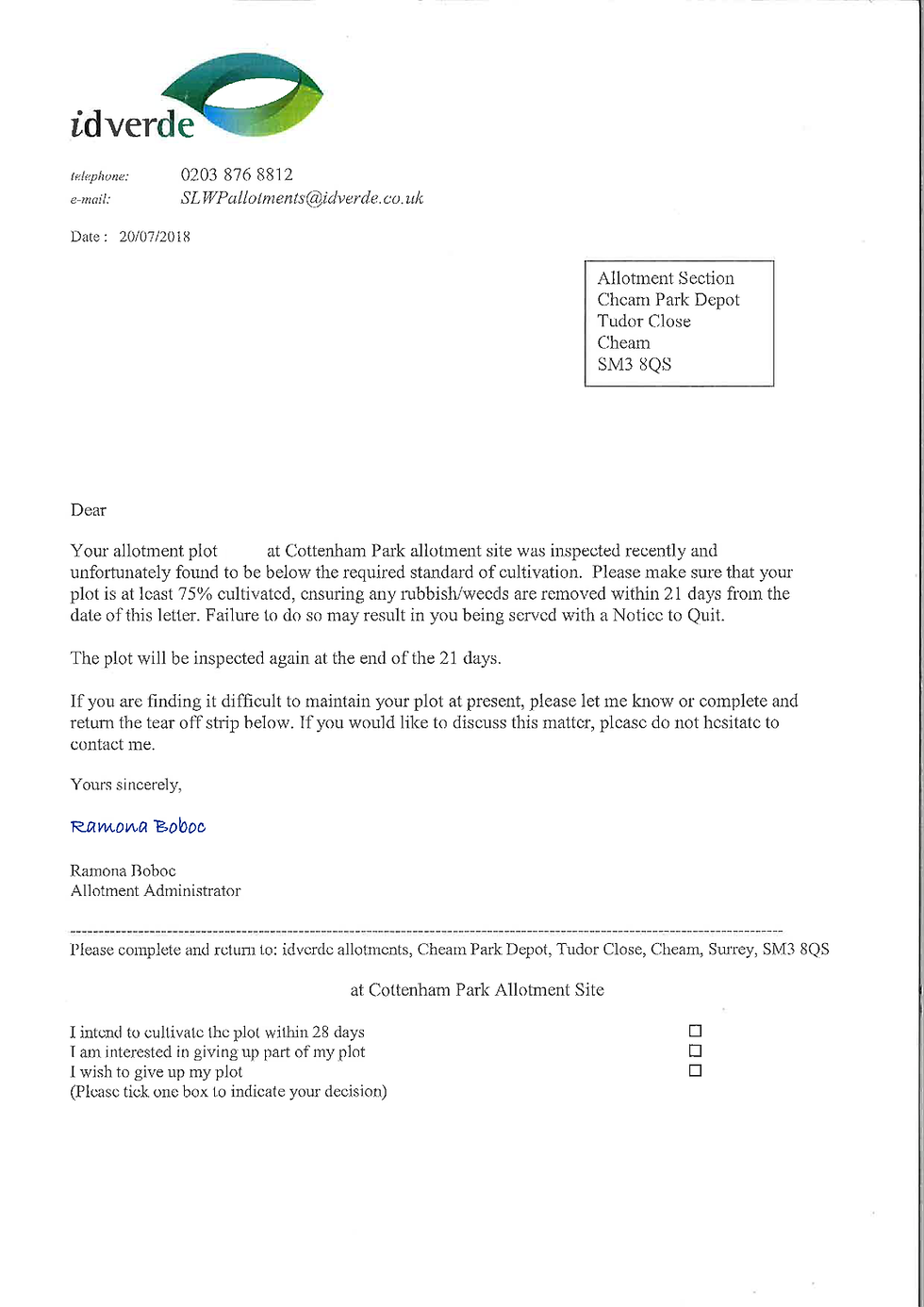 Proforma letter from idverde