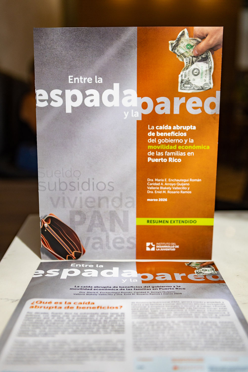 Portada del resumen extendido del estudio Entre la espada y la pared, del Instituto del Desarrollo de la Juventud, sobre la caída abrupta de beneficios gubernamentales y la movilidad económica en Puerto Rico.