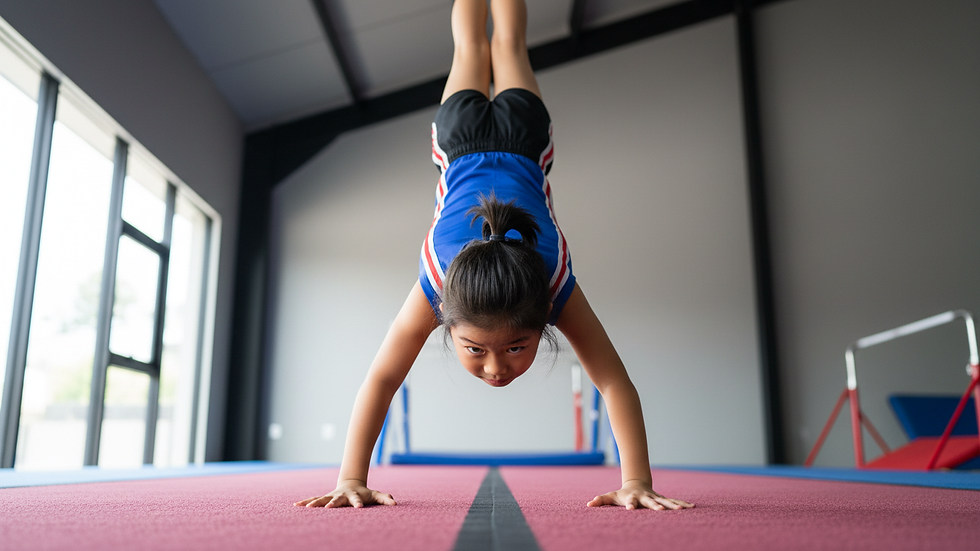 Close-up view of child practicing handstand on gymnastic mat