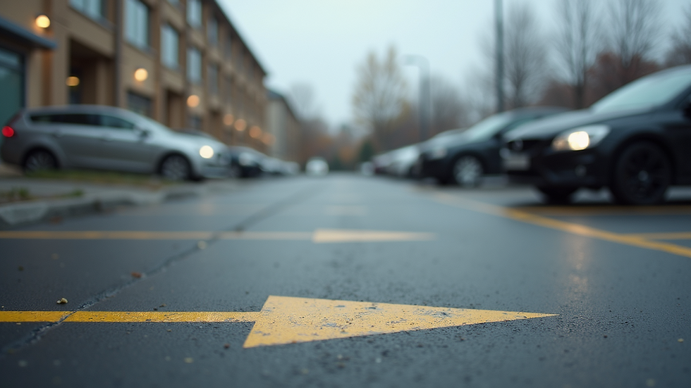 Close-up view of a parking lot with clearly marked spaces