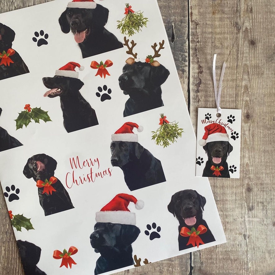 Thumbnail: Black Labrador Christmas Gift Wrap and tag set - Labrador dog Christmas paper