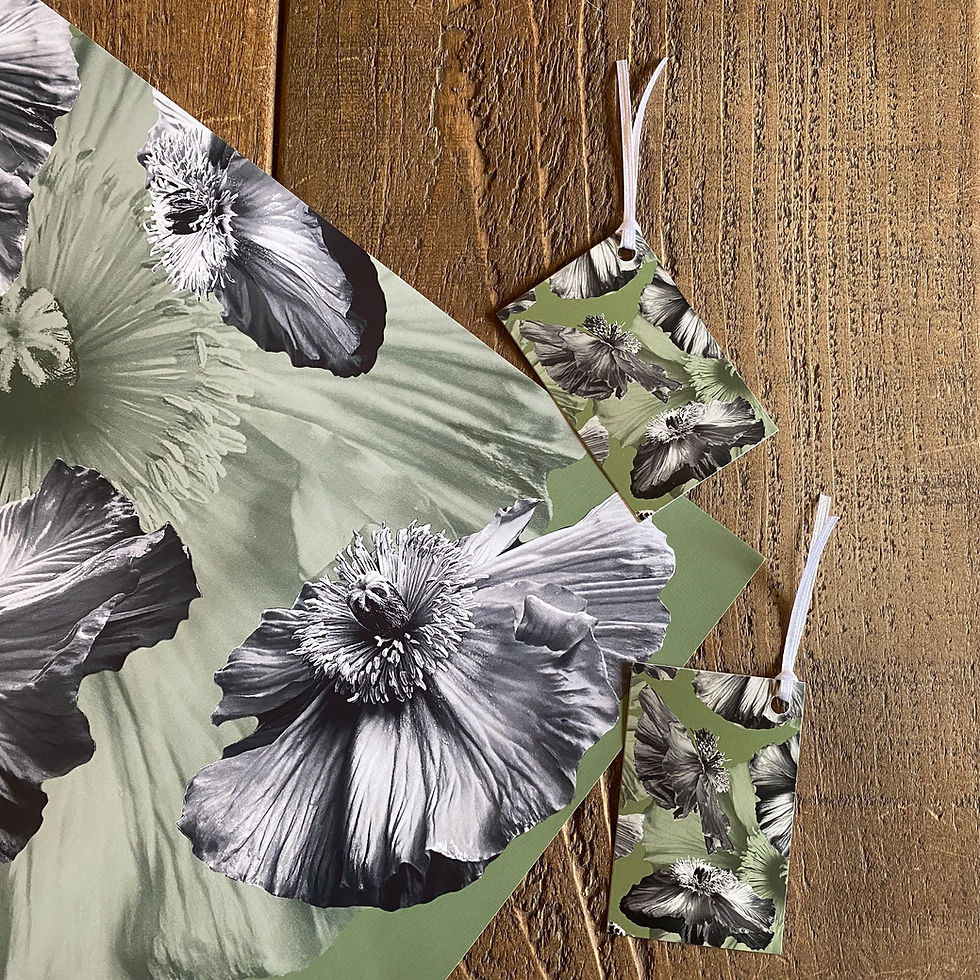 Thumbnail: Green Poppy Gift Wrap and tag set - flower wrapping paper