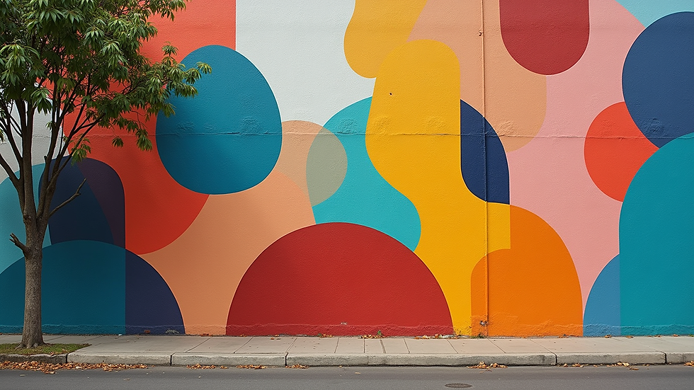 Eye-level view of a vibrant mural showcasing abstract shapes and colors