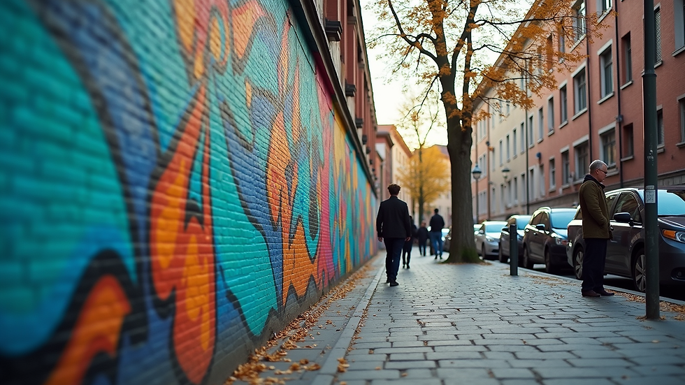 Eye-level view of a colorful mural on a city wall